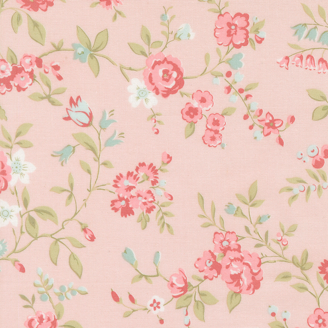 Abide Main Floral Pink vintage floral fabric by Brenda Riddle for Moda Fabrics in soft pink and linen white tones