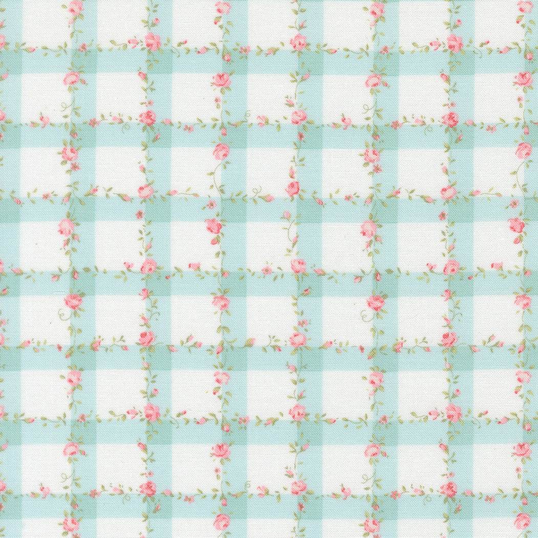 Abide Floral Plaid Gingham Light Blue fabric by Brenda Riddle for Moda Fabrics, sold in half-yard increments
