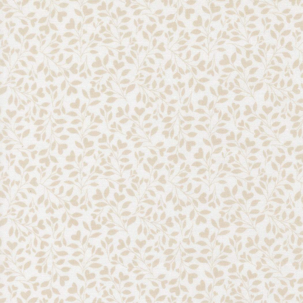 Abide Hearts and Leaves linen fabric with white stone background and vintage floral design by Brenda Riddle for Moda Fabrics