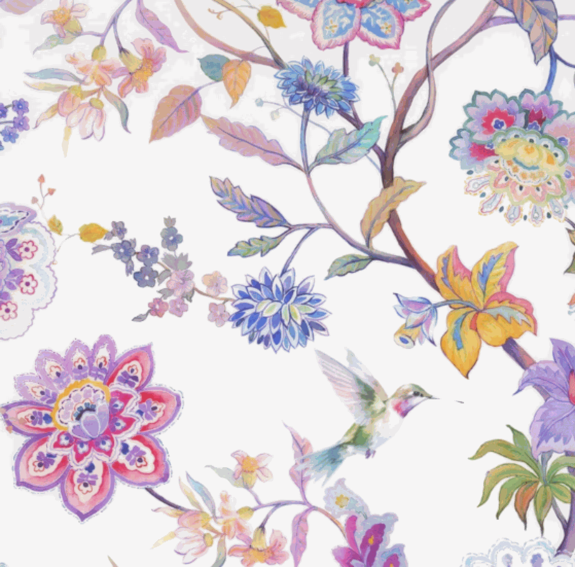 Daydreams Large Floral fabric with vibrant floral pattern and hummingbird on soft white background