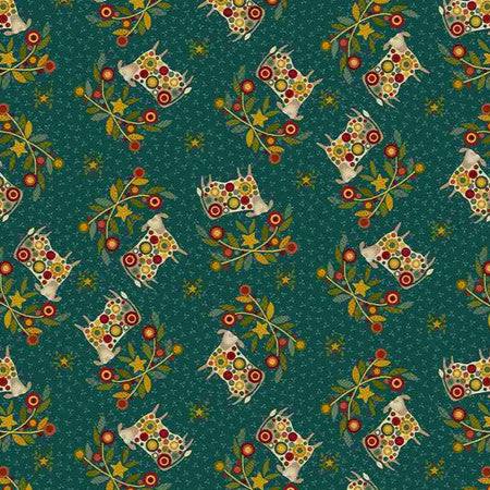 Pennyberry Farm Bust a Move Teal fabric with farm animals and floral patterns on teal background by Kim Diehl