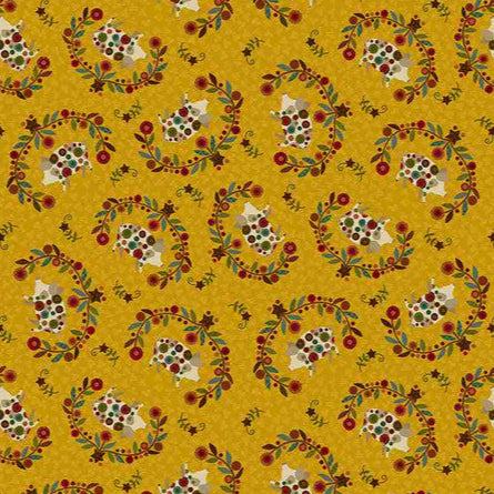 Pennyberry Farm Hogging Attention Yellow fabric with polka dot farm animals on mustard background
