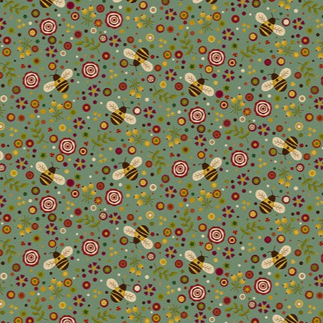 Pennyberry Farm Medium Teal fabric with bees and floral pattern by Kim Diehl for Henry Glass