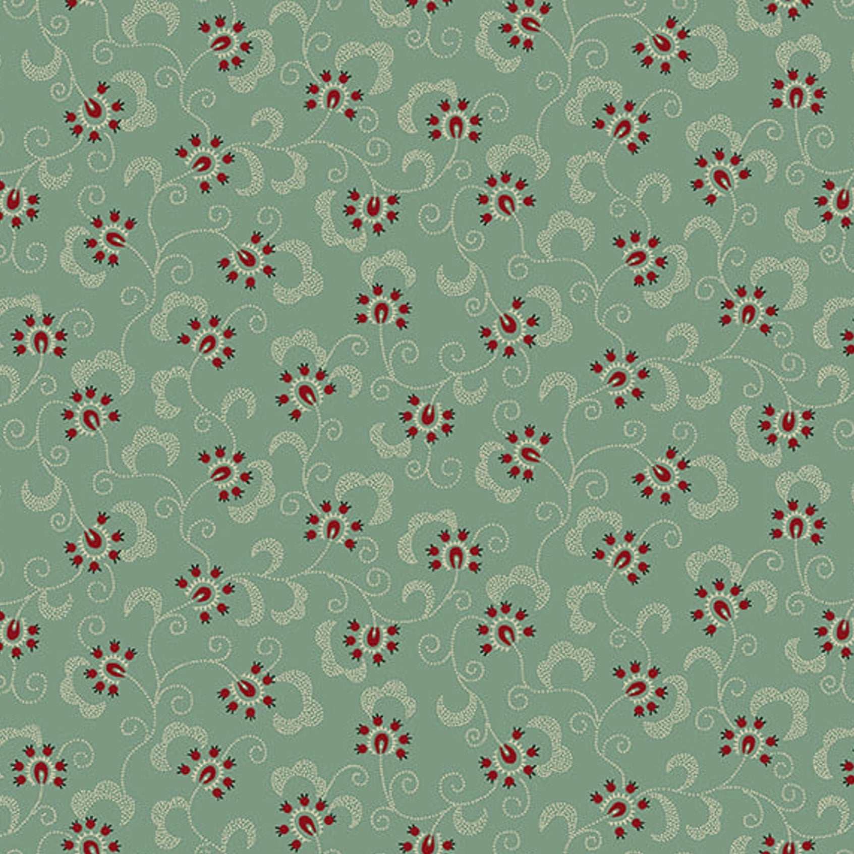 Pennyberry Farm Blooming Vines Dusty Aqua fabric with red floral and vine pattern by Kim Diehl
