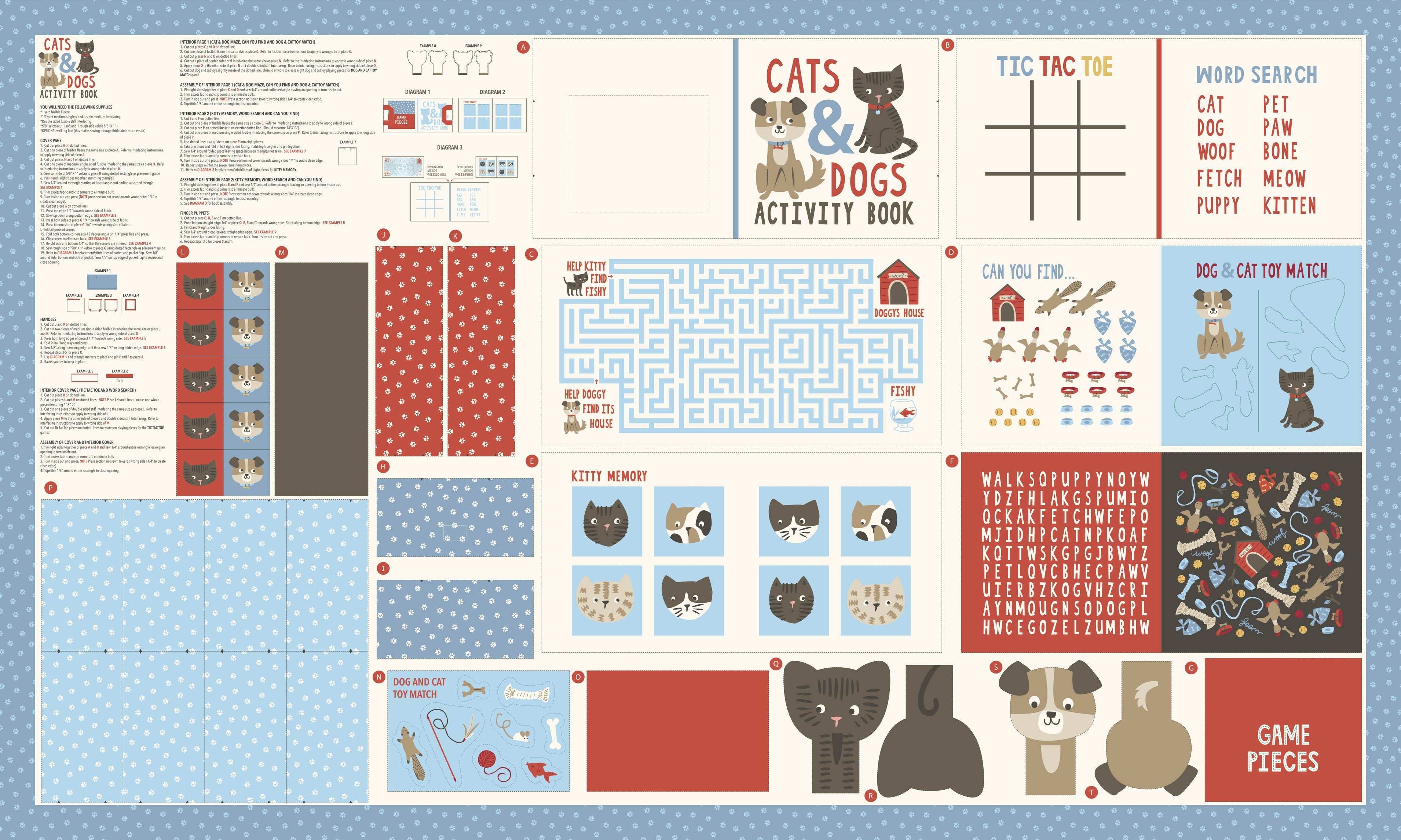 Dog Daze fabric panel by Stacy Iest Hsu with playful puppies, dog bones, chew toys, and activity game designs for dog lovers.