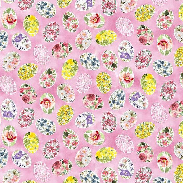 Basket Full of Blessings decorated eggs fabric in powder pink by Catherine Bartolli for Henry Glass & Co.