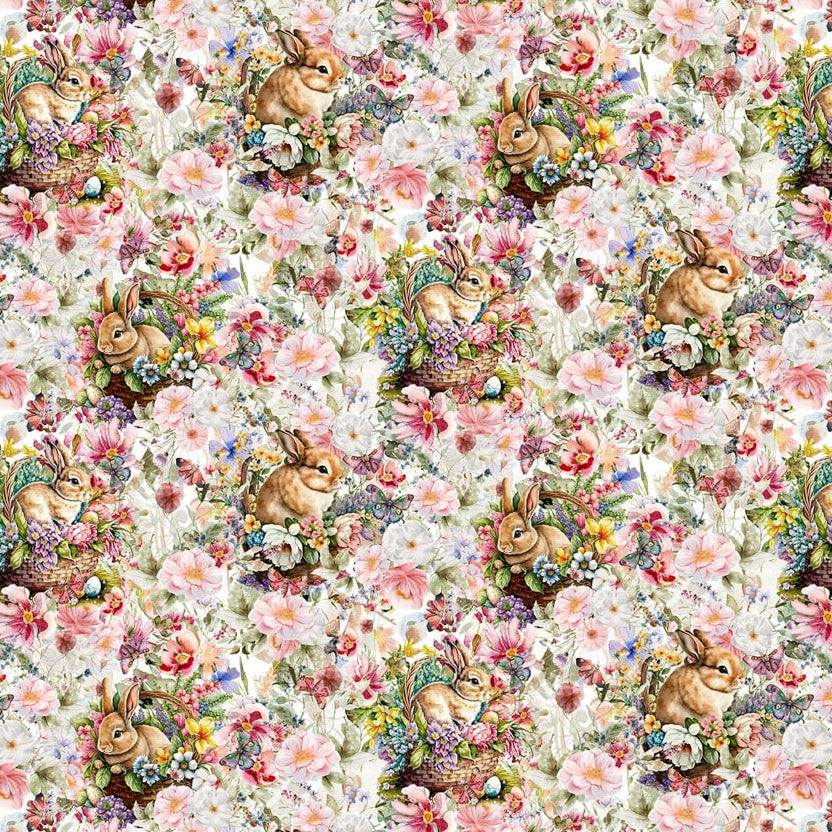 Basket Full of Blessings fabric by Catherine Bartolli featuring floral patterns and bunnies on white background