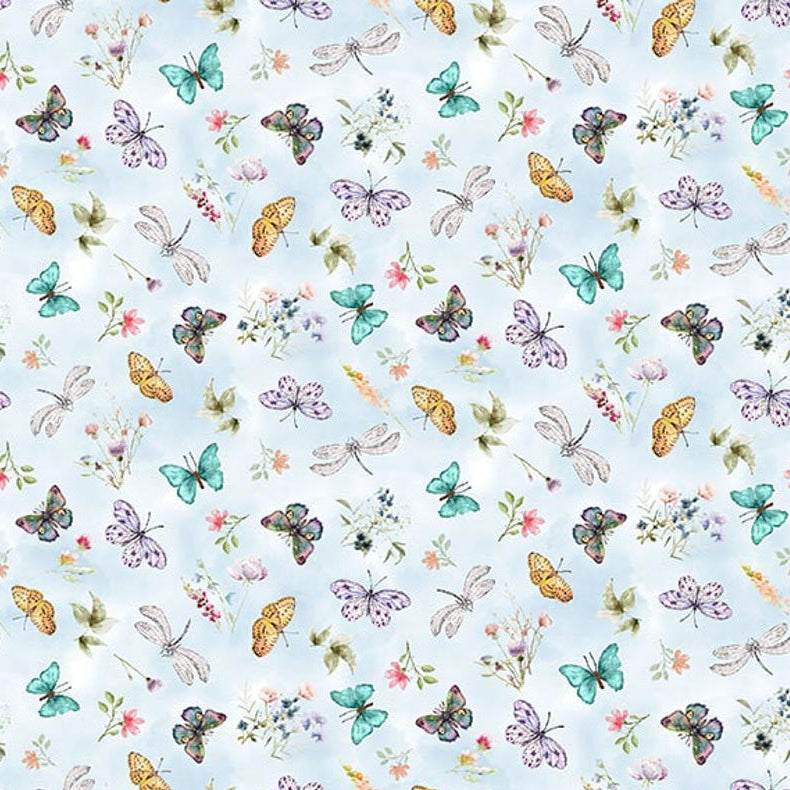 Basket Full of Blessings fabric with butterflies and floral sky blue pattern by Catherine Bartolli