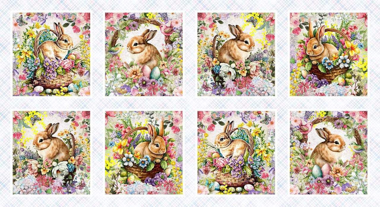 Basket Full of Blessings soft lilac floral block panel fabric by Catherine Bartolli