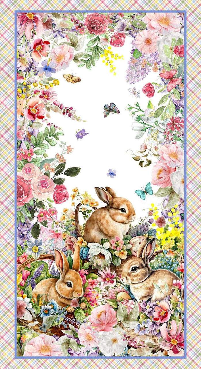 Basket Full of Blessings panel by Catherine Bartolli in powder pink with spring garden motifs and floral designs
