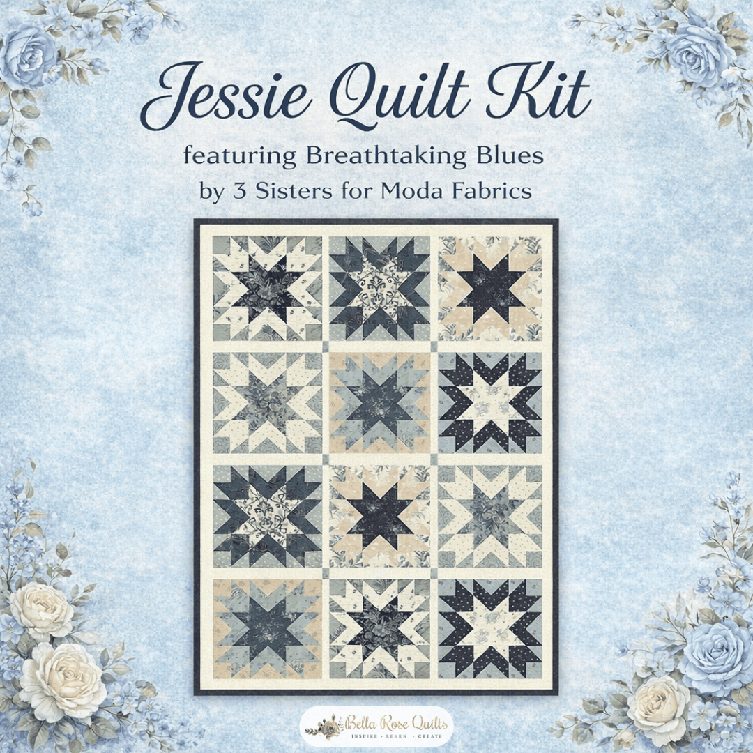 Pre-order Jessie Quilt Kit Daisy May featuring Breathtaking Blues fabric by 3 Sisters, 62x82 inches