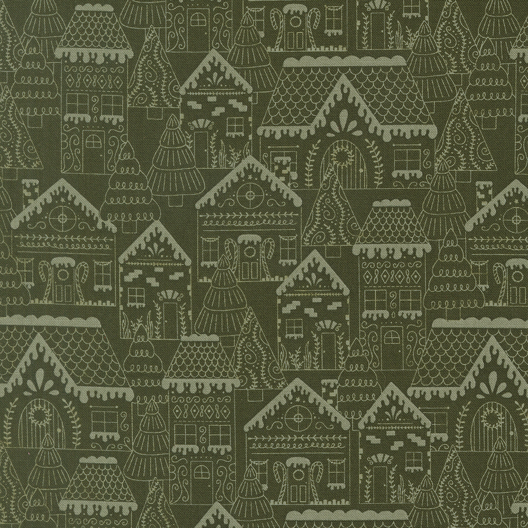 Gingerbread Lane Christmas fabric with gingerbread houses and festive holiday motifs by Kiley Ferons
