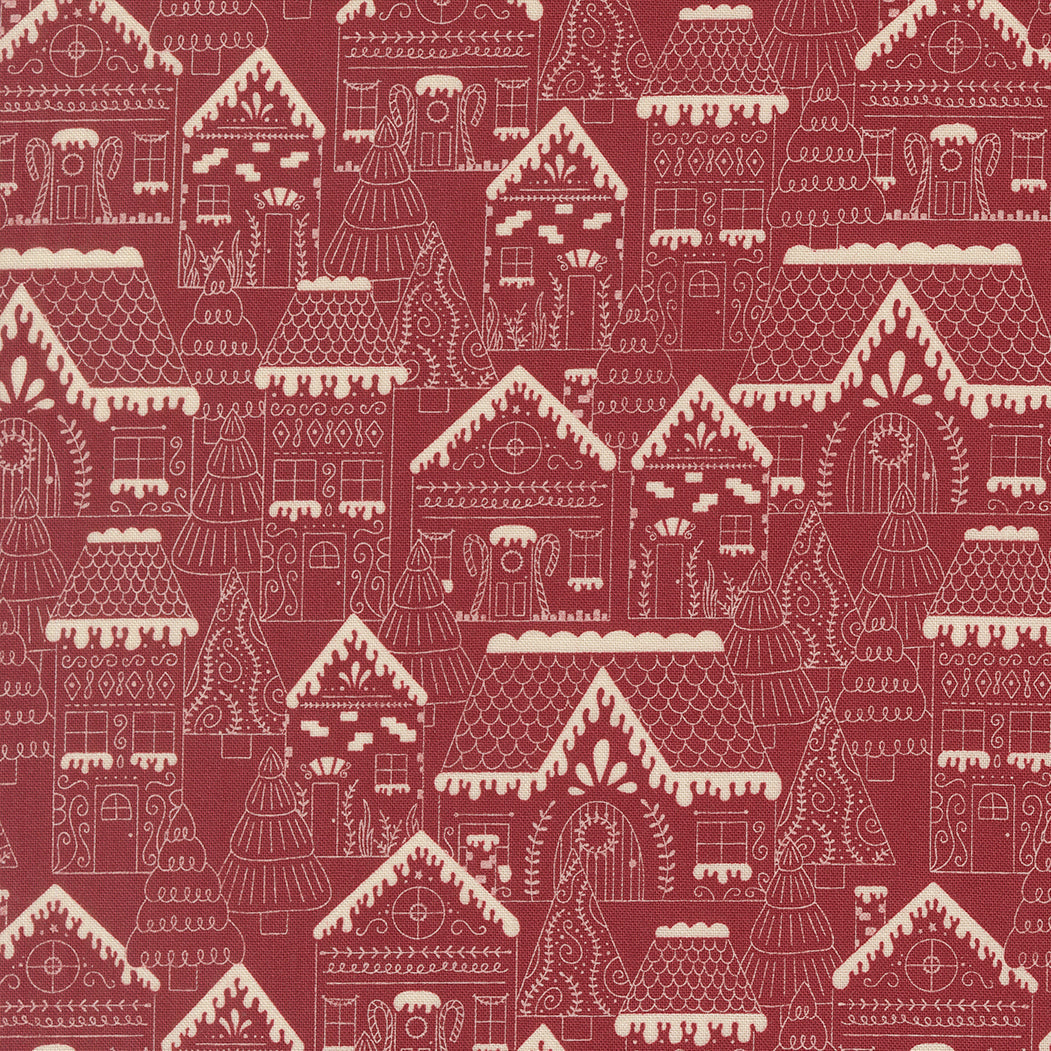 Gingerbread Lane holiday fabric with gingerbread houses, candy canes, snowflakes, and festive Christmas decorations
