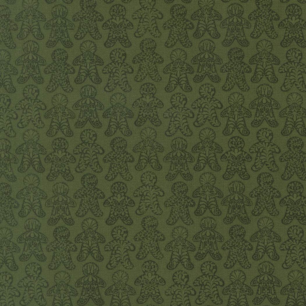 Gingerbread Lane Christmas fabric featuring gingerbread houses, candy canes, holly, and snowflakes by Kiley Ferons for Moda Fabrics