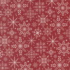 Gingerbread Lane Blizzard Cranberry fabric by Kiley Ferons featuring Christmas gingerbread houses and holiday motifs