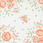 Abloom by Corey Yoder floral fabric with peach roses and green leaves on white background