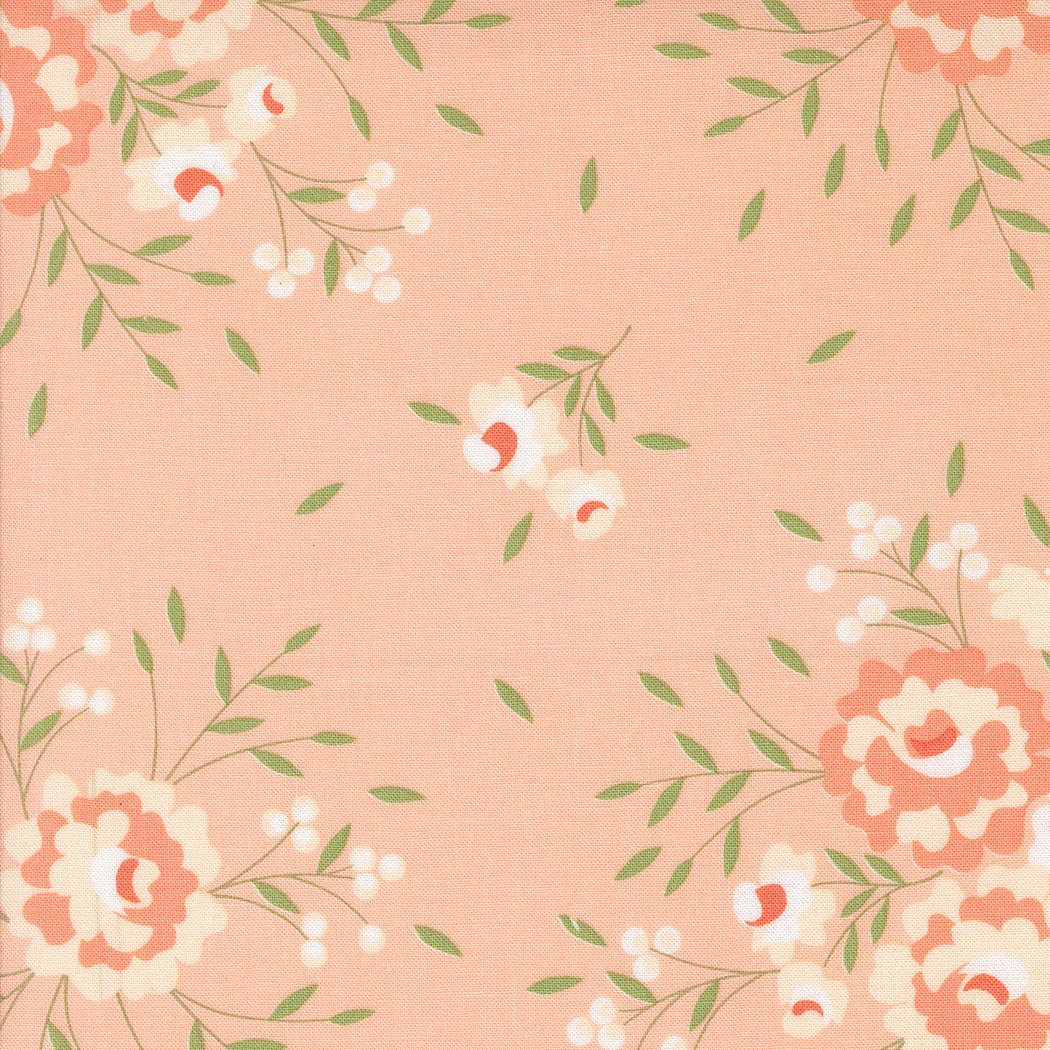 Abloom by Corey Yoder floral fabric with pink and white springtime flower pattern on peach background