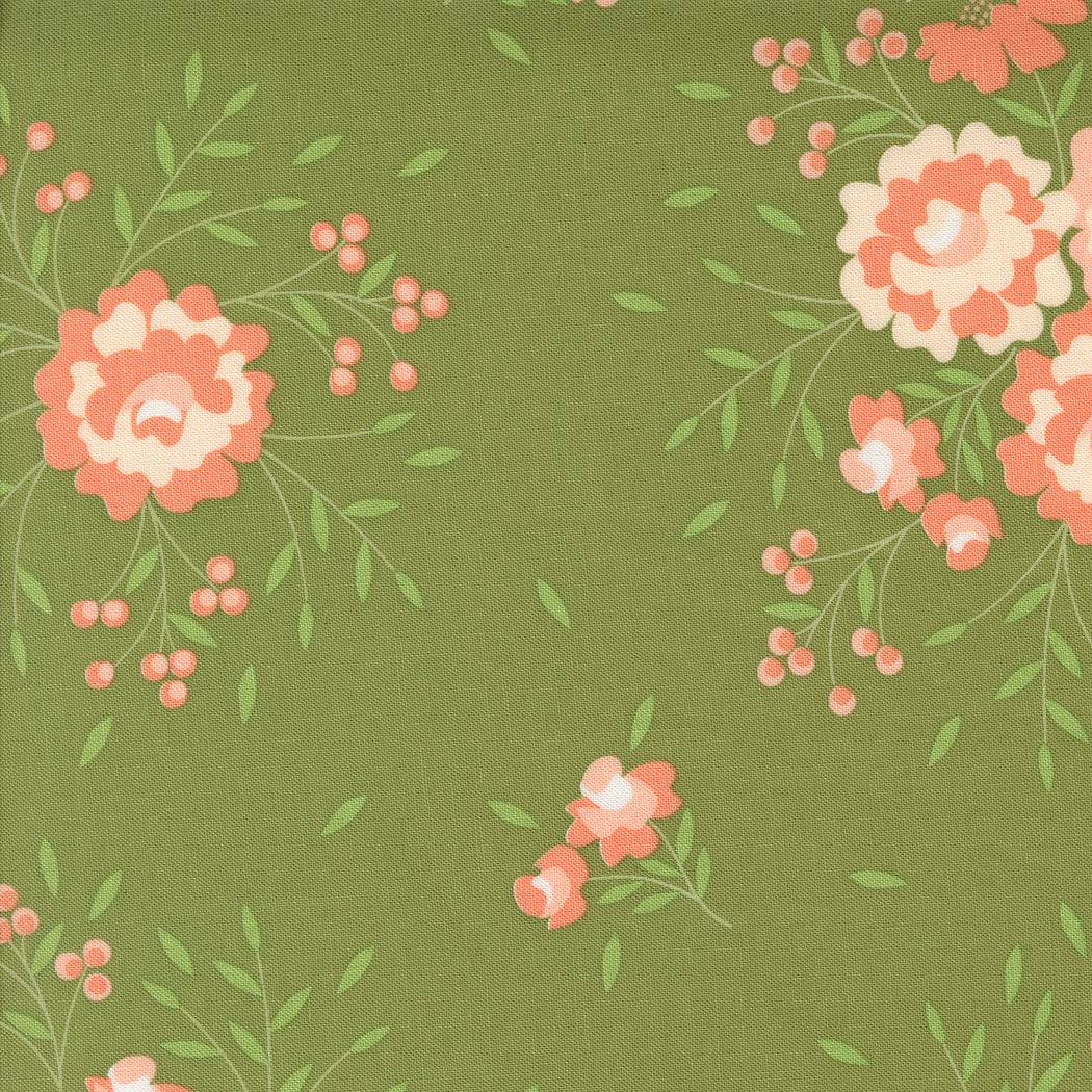 Abloom by Corey Yoder Moda fabric green background with peach floral print