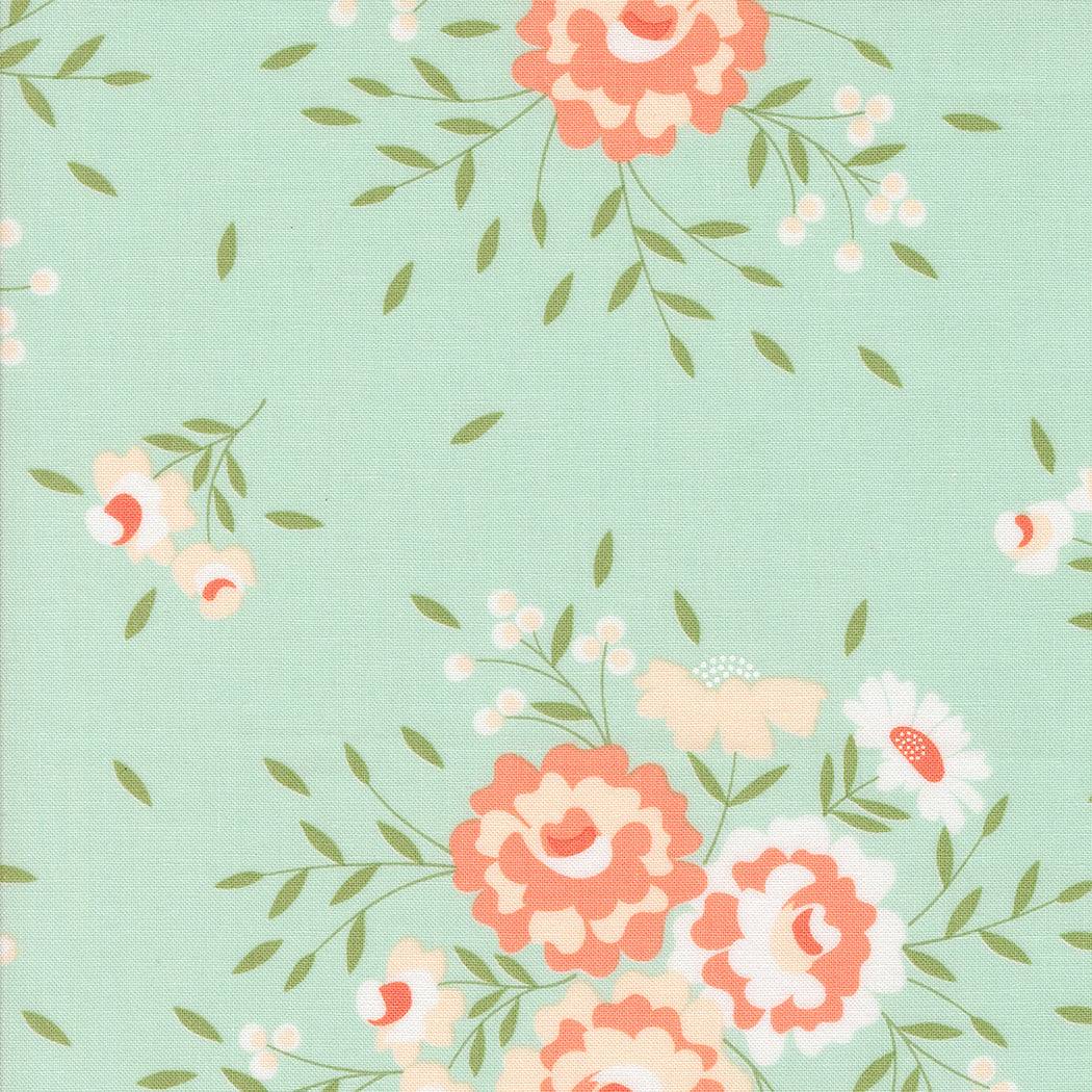 Abloom by Corey Yoder floral fabric in robin's egg blue with springtime rose motifs