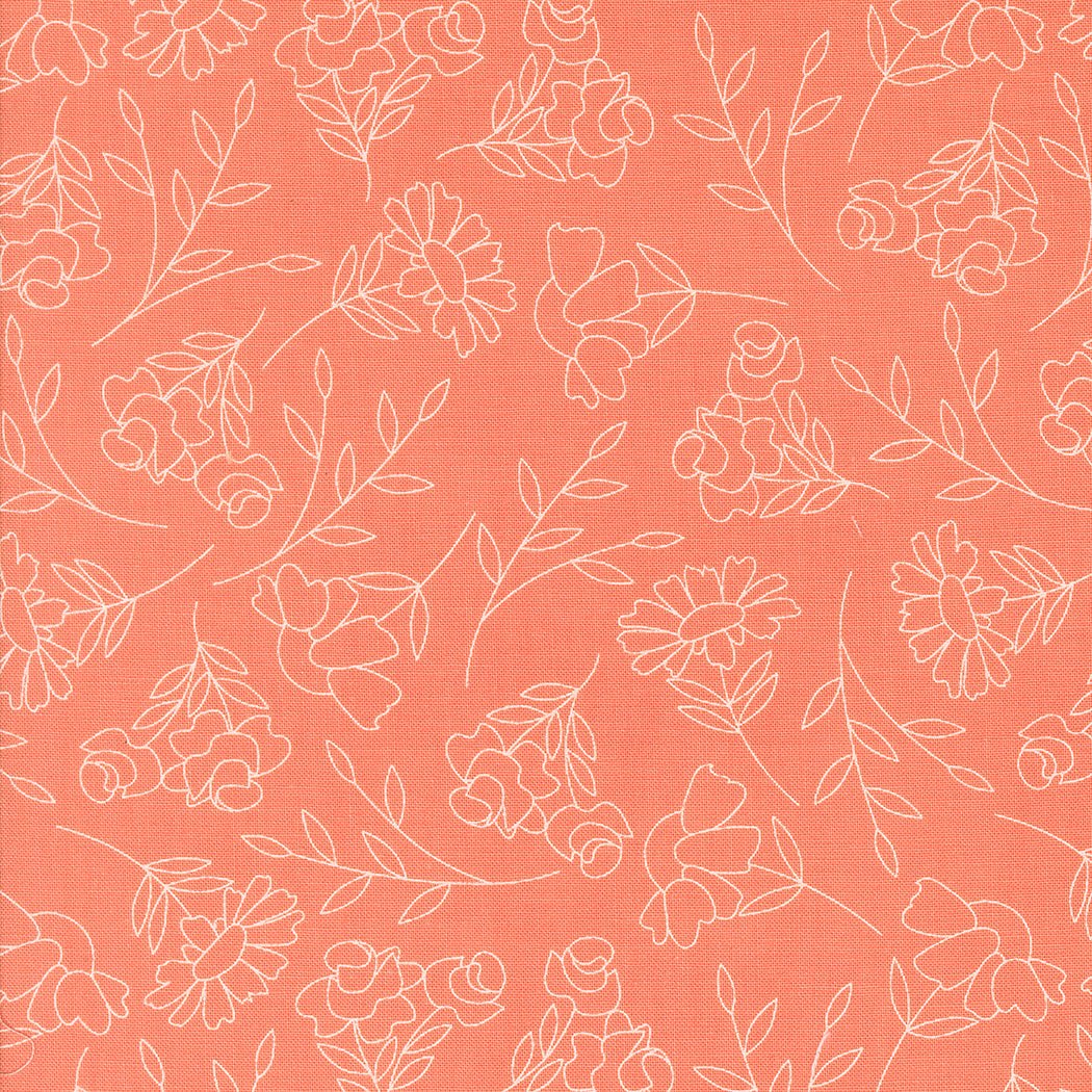 Abloom by Corey Yoder coral fabric with white spring floral sketch pattern