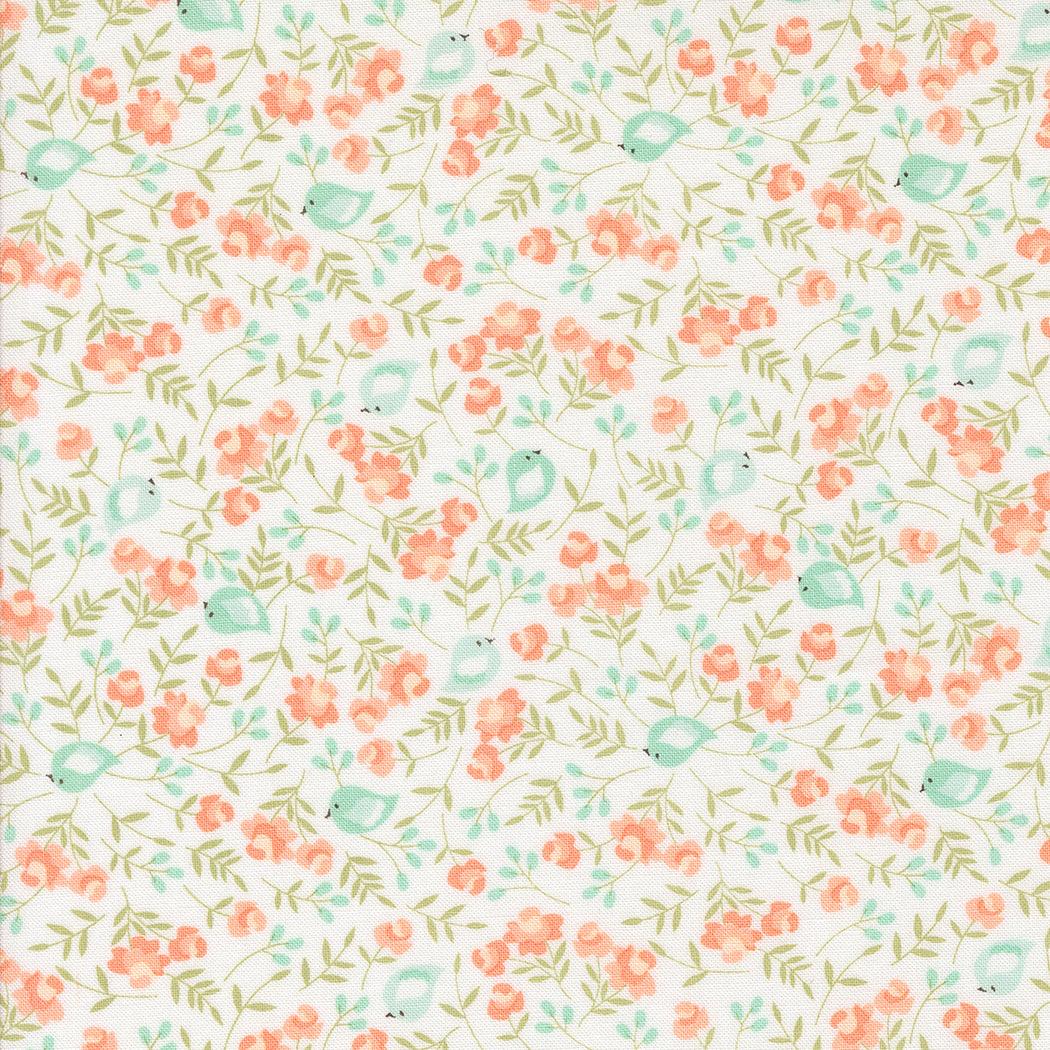 Abloom by Corey Yoder fabric with pastel florals and birds on white background