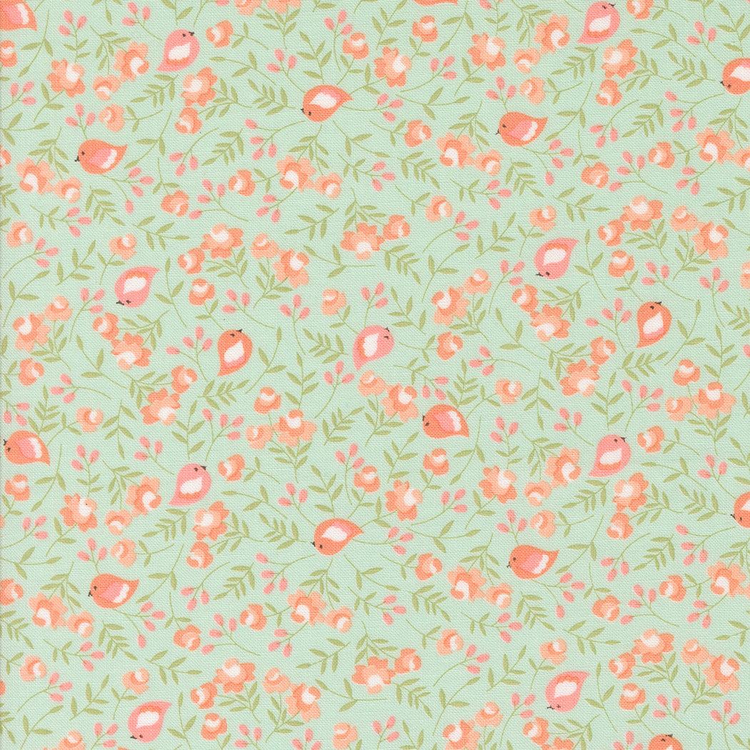 Abloom by Corey Yoder floral fabric with bird and flower motifs on robin's egg blue background for quilting and crafts