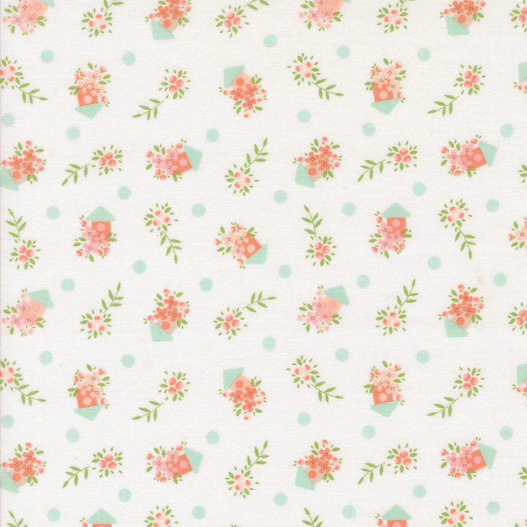 Abloom by Corey Yoder floral birdhouse fabric with pastel flowers and green leaves on white background