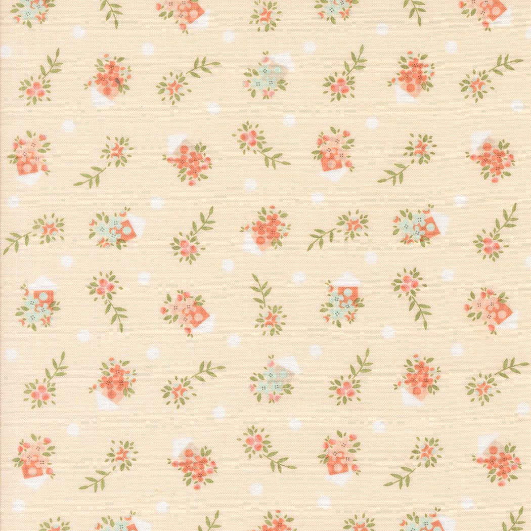 Abloom by Corey Yoder pale pink fabric with birdhouses and floral pattern for quilting