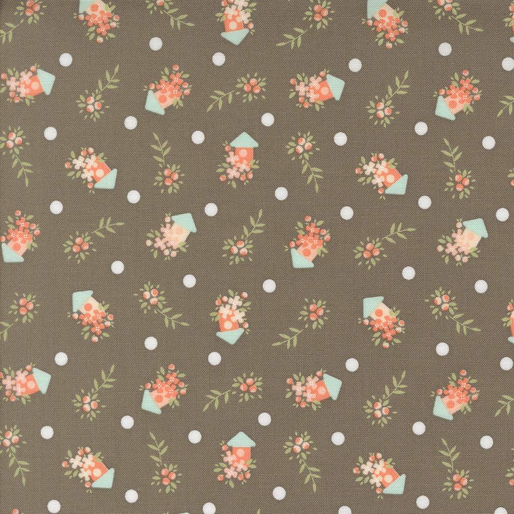 Abloom by Corey Yoder floral fabric with slate birdhouses and pastel flowers on brown background
