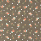 Abloom by Corey Yoder floral fabric with slate birdhouses and pastel flowers on brown background