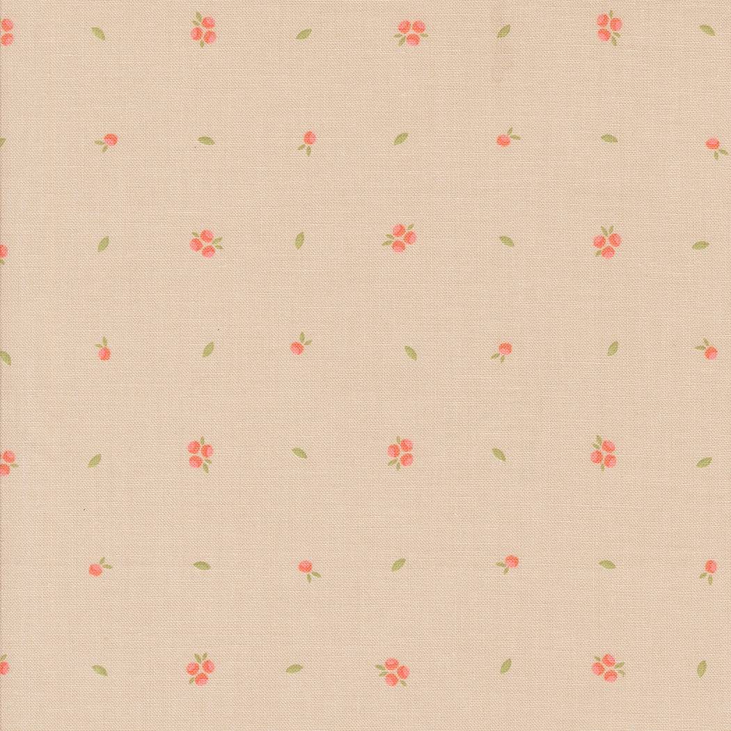 Abloom by Corey Yoder Stone Little Sprout Blenders fabric with small pink floral pattern on beige background