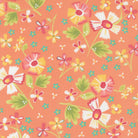In the Garden coral floral fabric by Corey Yoder with daisies and green leaves on coral background