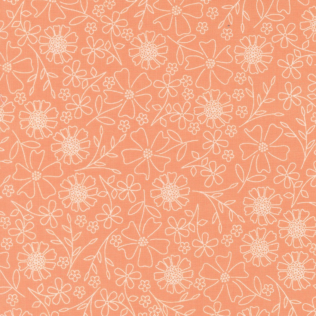 Coral fabric with white sketchy floral garden pattern by Corey Yoder for Moda