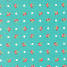In the Garden Dotted Sprig Bermuda fabric with turquoise background, red floral sprigs, and white dots by Corey Yoder for Moda Fabrics