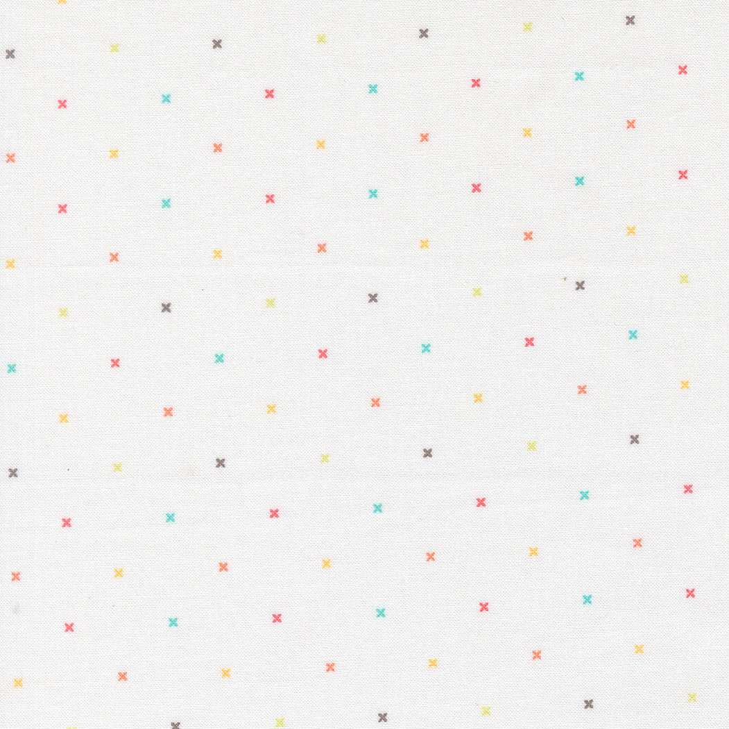 In the Garden Tiny Peel Off White fabric with small colorful crosses on white background by Corey Yoder for Moda Fabrics