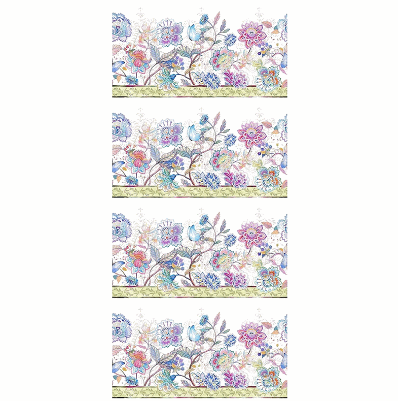 Daydreams Border Stripe fabric with blue butterflies, oversized flowers, and leafy designs on white by Jason Yenter