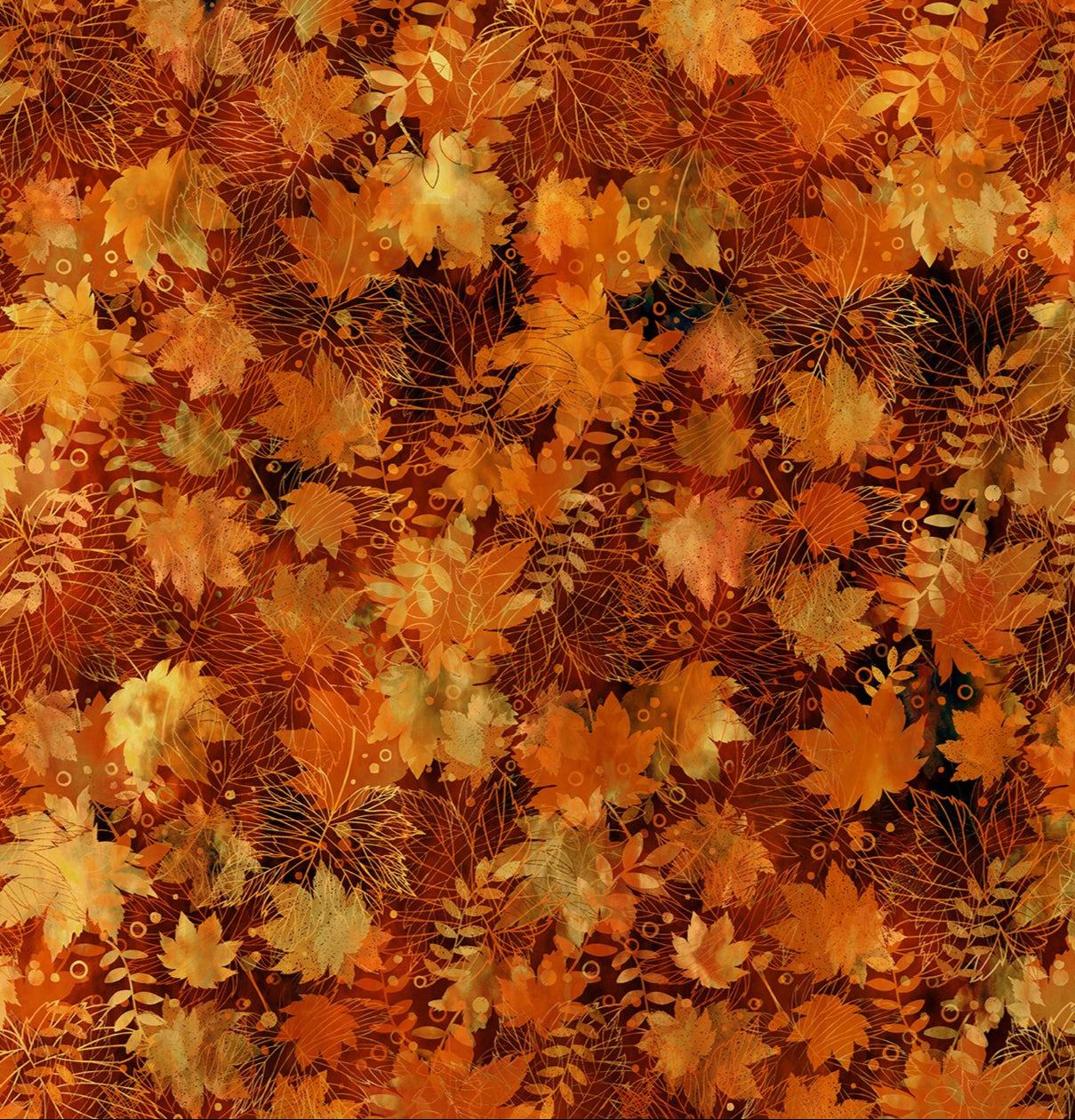 Falling Leaves Collage Rust fabric by Jason Yenter with autumn leaves in orange, red, and yellow tones on rust background