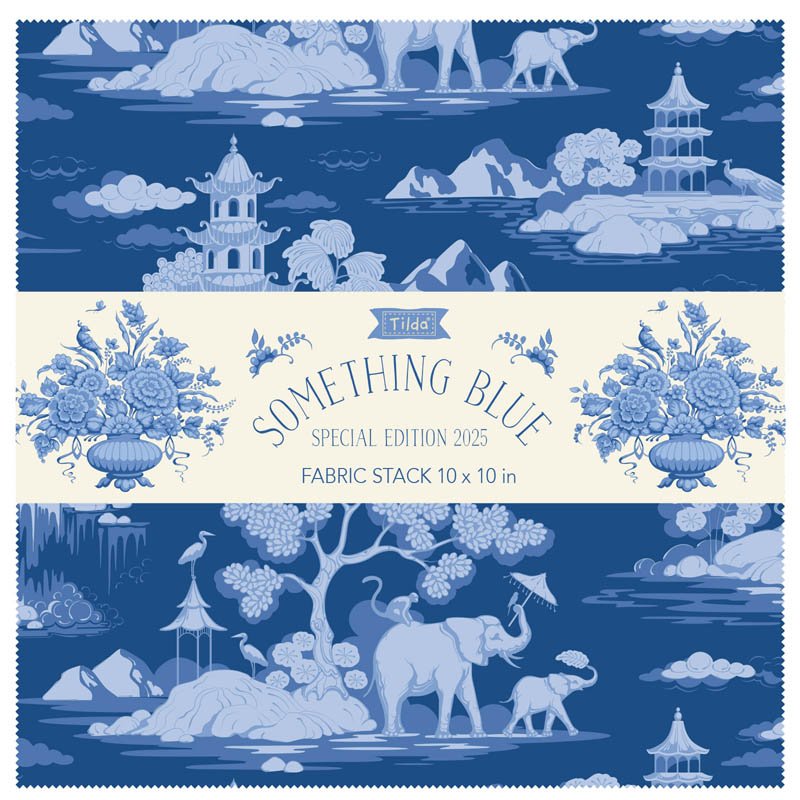Something Blue fabric stack by Tilda with 40 coordinated 10-inch blue and white fabric squares for quilting and crafting