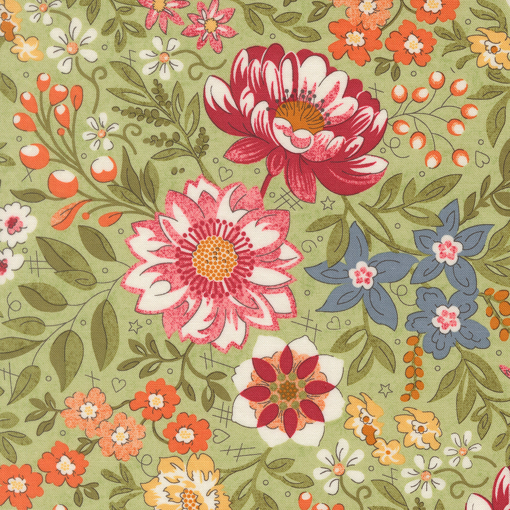 Fieldrush Covent Florals Moss fabric by BasicGrey for Moda with soft floral design in earthy tones