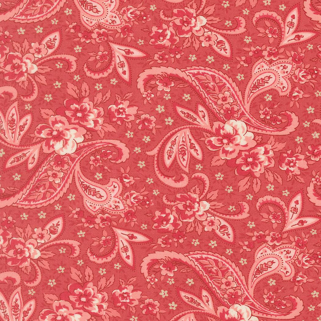 Petals & Polka Dots fabric with floral, paisley, and polka dot patterns in red, pink, white, and linen by Anne Sutton for Moda Fabrics
