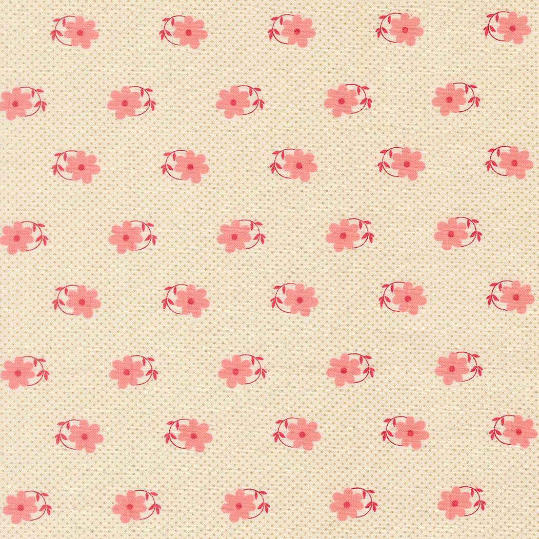 Petals & Polka Dots fabric by Anne Sutton featuring cherry red florals and pink polka dots from Moda Fabrics
