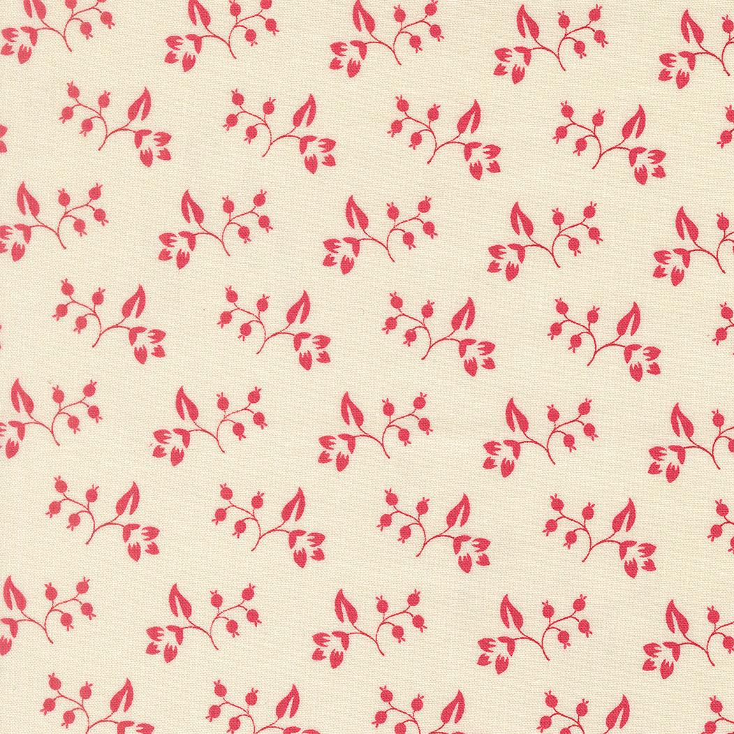 Petals & Polka Dots fabric by Anne Sutton featuring rose hips florals and lace in red, pink, white, and linen tones