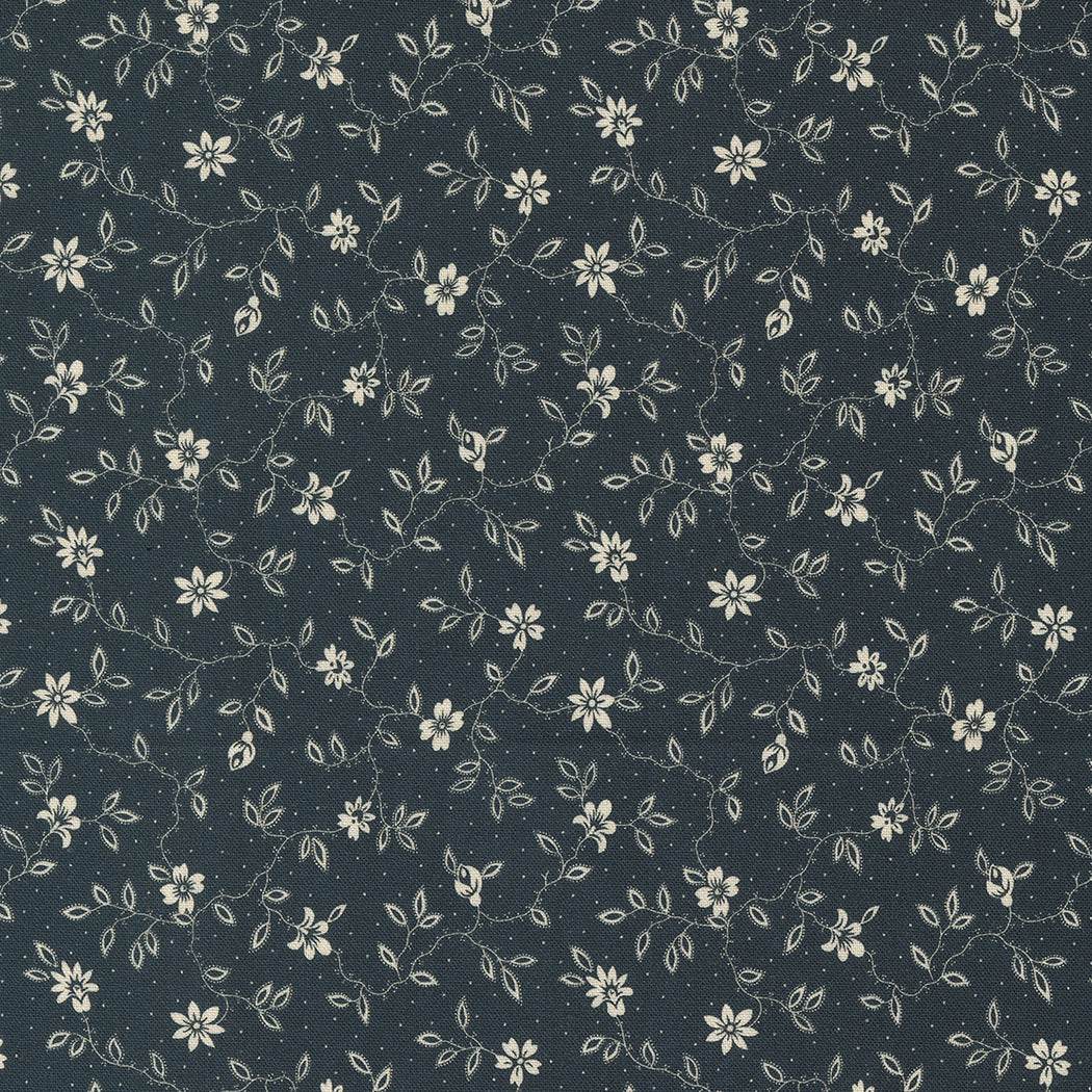 Goodnight Irene fabric by Betsy Chutchian featuring delicate white floral patterns on graphite background