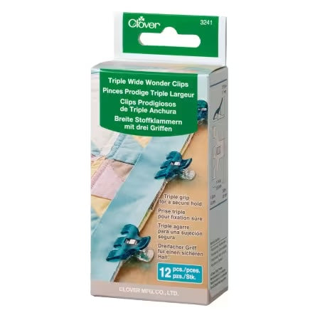 Clover Triple Wide Wonder Clips 12pc holding fabric layers securely for sewing and embroidery