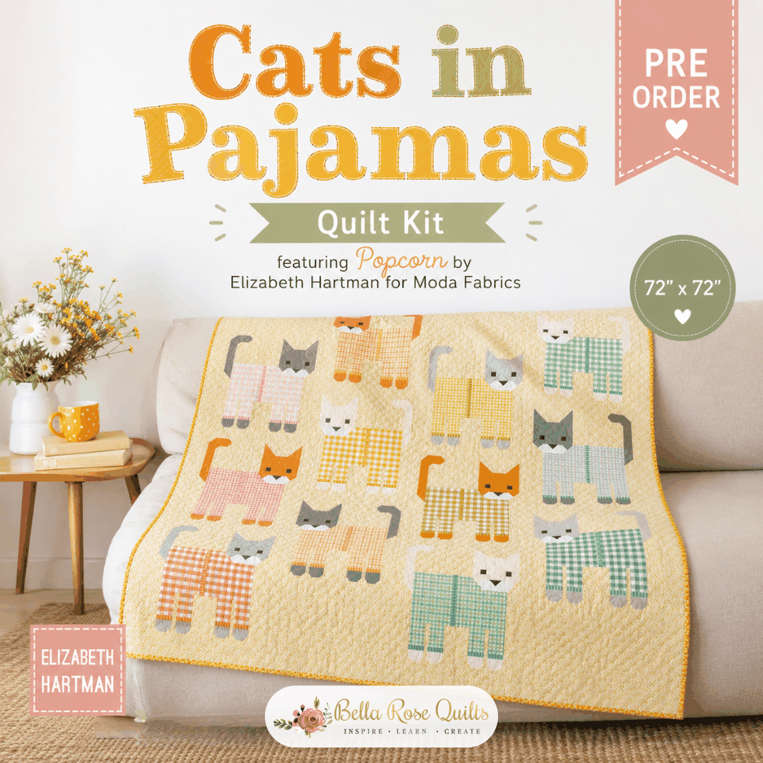Cats in Pajamas quilt kit featuring Popcorn fabrics by Elizabeth Hartman, 72x72 inches, pre-order shipping November 2026