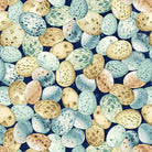 Awakenings Eggs Blue fabric by Jan Mott featuring bluebird and watercolor foliage design