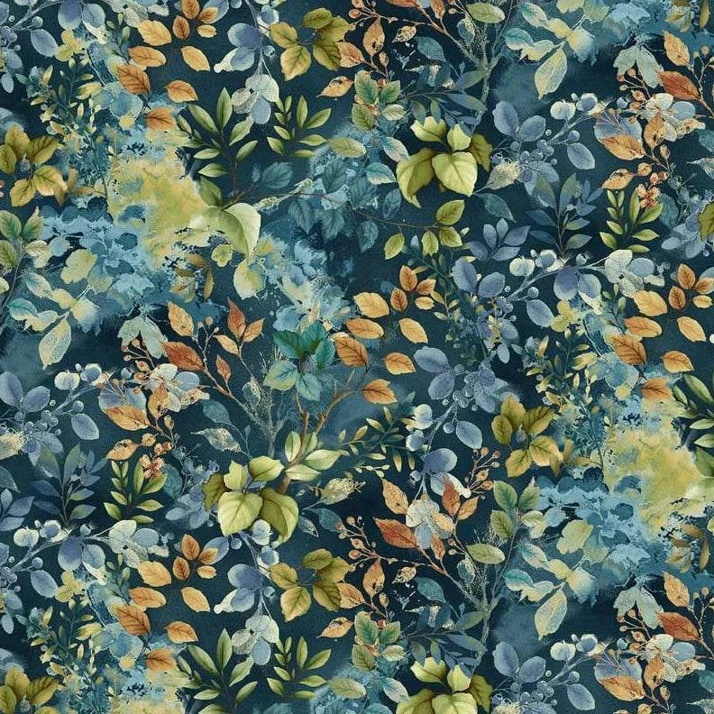 Awakenings Foliage Blue fabric by Jan Mott featuring watercolor foliage and bluebirds for quilting and home decor