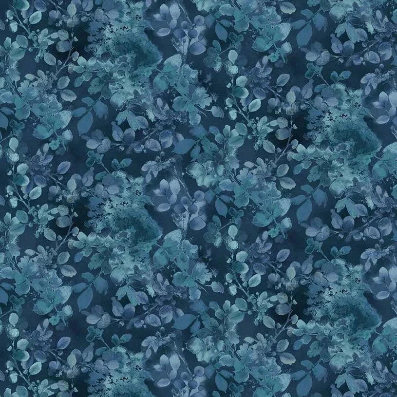 Awakenings Silhouettes Texture Blue fabric by Jan Mott featuring bluebird and foliage design