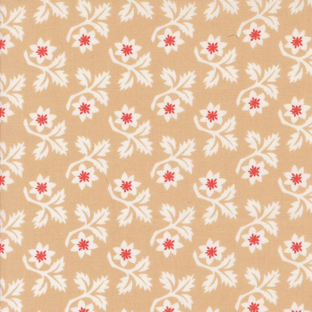 Buon Natale fabric by Joanna Figueroa featuring white floral and red accents on beige background, 100% cotton Christmas print