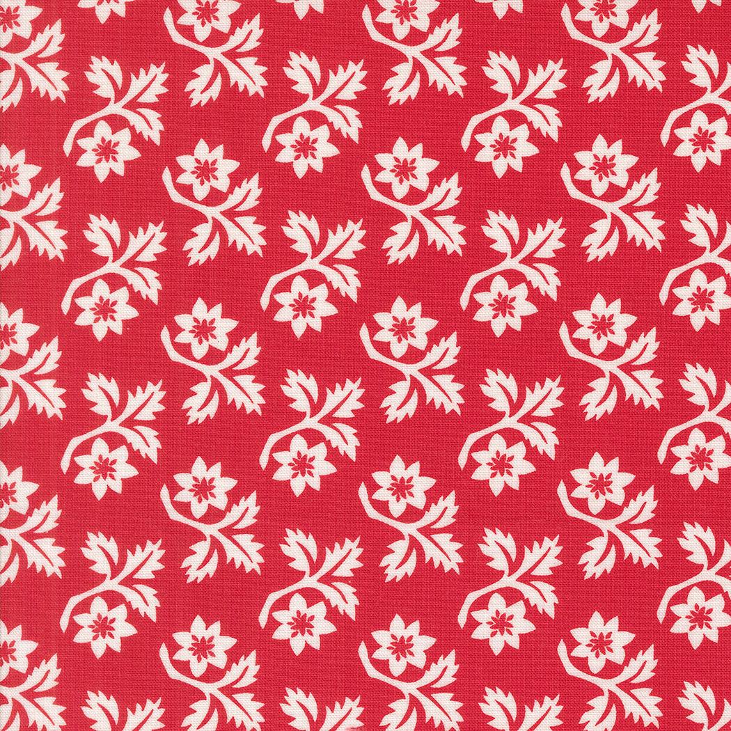 Buon Natale red cotton fabric with white woodcut floral pattern by Joanna Figueroa for Moda Fabrics